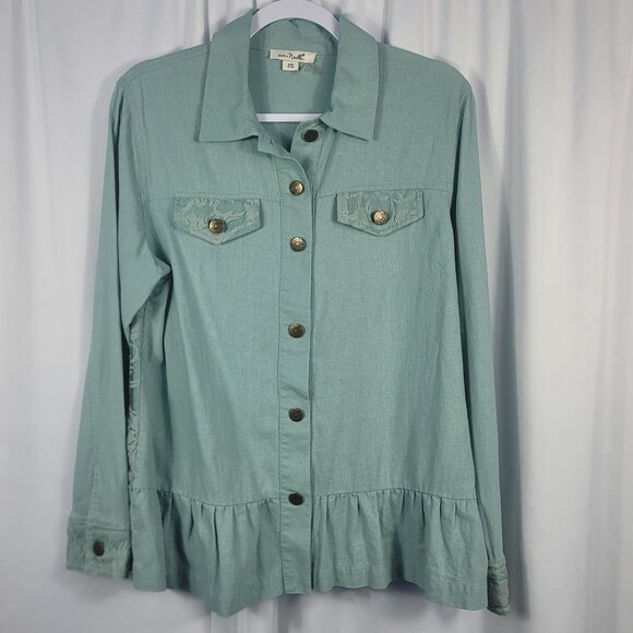 Simply Noelle Jacket Women's Size Medium Pale Green Linen Blend Lace Details - Picture 1 of 13